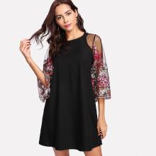 Shein Embroidery Mesh Sleeve Keyhole Back Dress