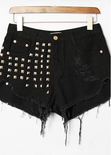 Rosewe Rivet Decorated Black Cutting Zip Closure Shorts