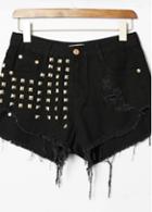 Rosewe Rivet Decorated Black Cutting Zip Closure Shorts