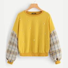 Shein Pearl Embellished Drop Shoulder Plaid Sweatshirt