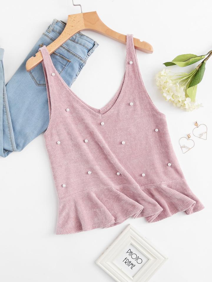 Shein Pearl Beading Ruffle Hem Chenille Tank Top