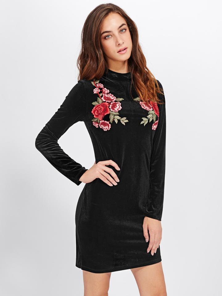 Shein Symmetric Rose Patch Velvet Dress