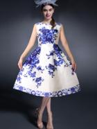 Shein White Shirtwaist Sleeveless Great Hibiscus Florals Flare Dress