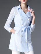 Shein Blue Lapel Tie-waist Pockets Lace Coat