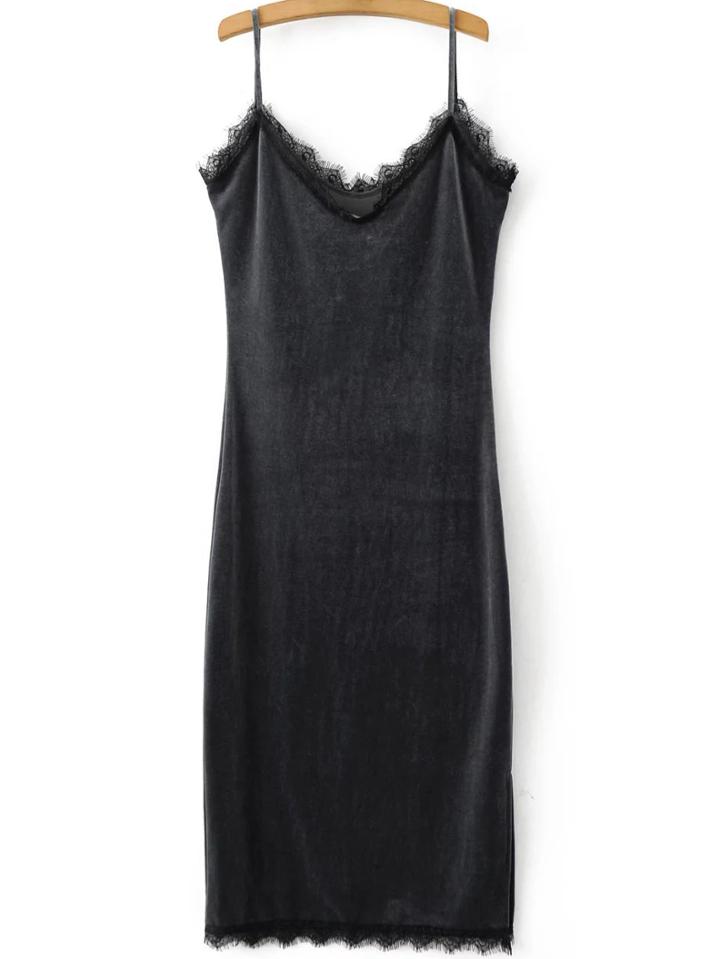 Shein Black Eyelash Lace Trim Slit Cami Dress