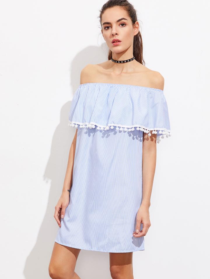 Shein Flounce Layered Neckline Pinstripe Pom Pom Trim Dress