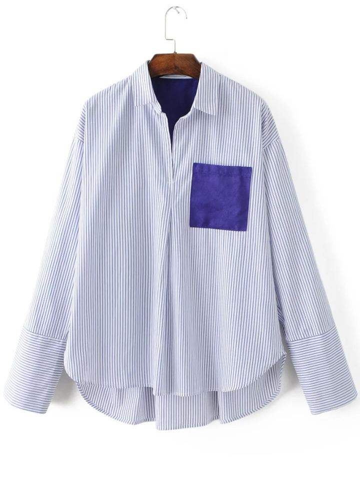 Shein White Vertical Striped Dip Hem Blouse With Pocket