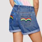 Shein Roll Up Hem Rainbow Print Denim Shorts