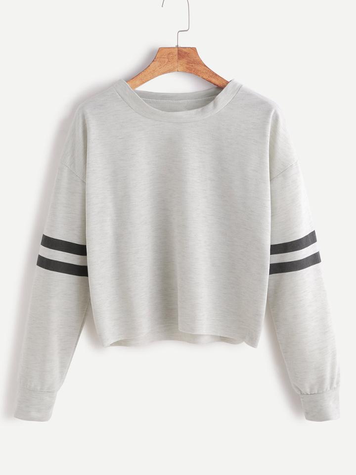 Shein Heather Grey Drop Shoulder Varsity Striped Crop T-shirt