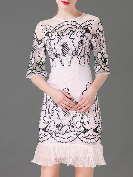 Shein White Gauze Embroidered Pleated Shift Dress