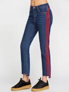 Shein Side Panel Stripe Asymmetric Raw Hem Jeans