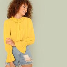 Shein Ruffle Collar Shirred Bell Sleeve Crinkle Top
