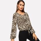 Shein Knot Front Leopard Print V-neck Top