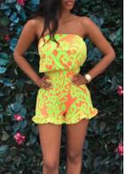 Rosewe Strapless Tribal Print Ruffle Decorated Romper