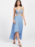 Shein Blue Lace Overlay Cut Out Dip Hem Dress