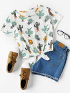 Shein Cuffed Sleeve Knot Front Cactus Print Tee