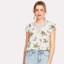 Shein Lace Insert Cap Sleeve Floral Top
