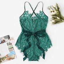 Shein Criss Cross Eyelash Lace Belt Romper Bodysuit