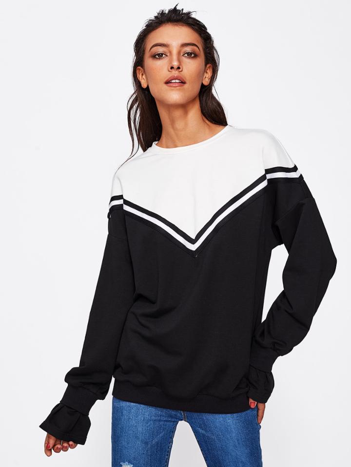Shein Striped Woven Tape Applique Two Tone Pullover
