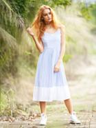 Shein Blue Mixed Stripe Pleated Contrast Trim Dress