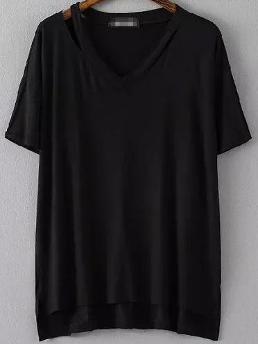 Shein V Neck Dip Hem Hollow Black T-shirt