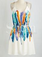 Shein White Spaghetti Strap Feather Print Dress