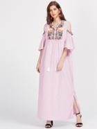 Shein Aztec Embroidered Tassel Tie Neck Pinstriped Dress