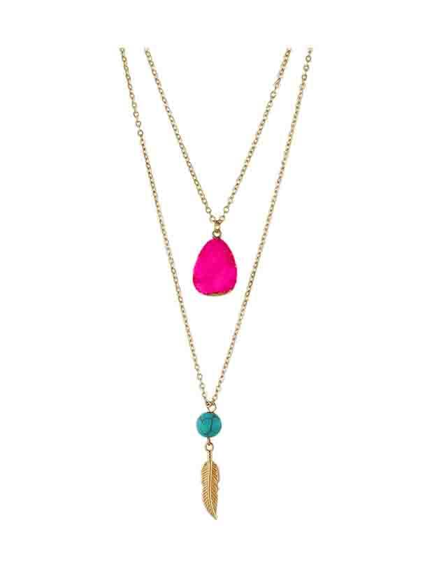 Shein Hotpink Boho Style Double Layer Artificial Turquoise Feather Pendand Necklace