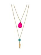 Shein Hotpink Boho Style Double Layer Artificial Turquoise Feather Pendand Necklace