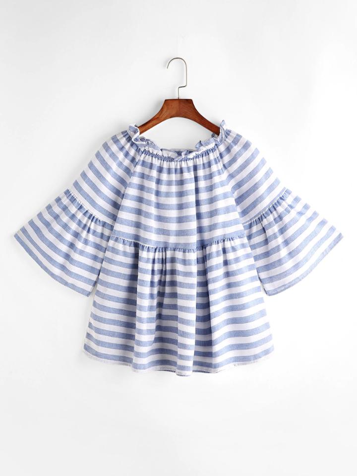 Shein Striped Boat Neck Ruffle Trim Bell Sleeve Top