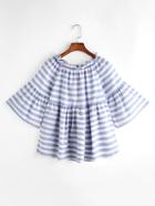 Shein Striped Boat Neck Ruffle Trim Bell Sleeve Top