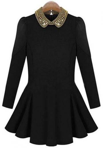 Shein Black Bead Lapel Long Sleeve Pleated Dress