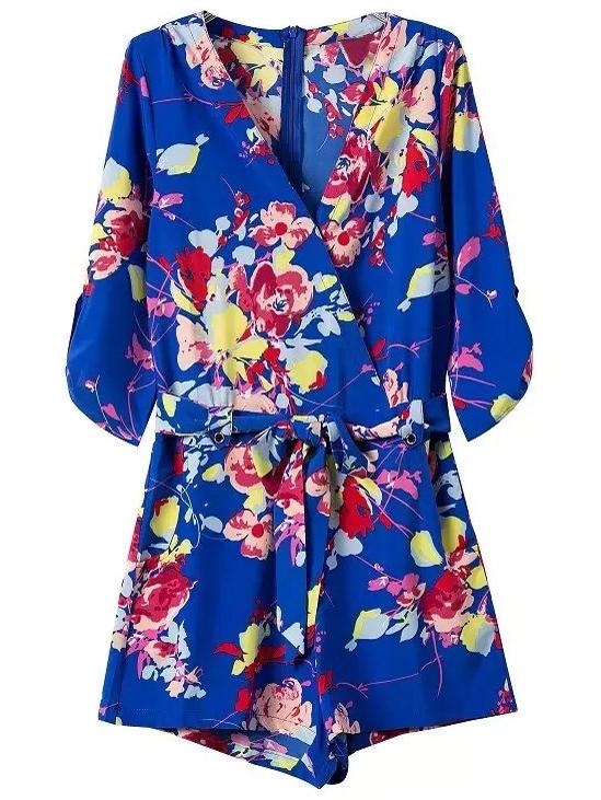 Shein Blue Tie-waist Bow Flower Print Romper