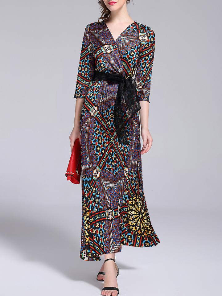 Shein Multicolor V Neck Tie-waist Print Maxi Dress