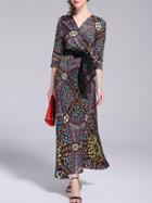 Shein Multicolor V Neck Tie-waist Print Maxi Dress