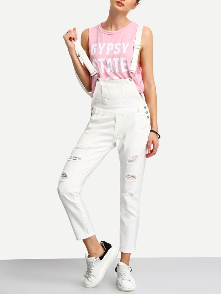 Shein White Straps Ripped Denim Jumpsuit