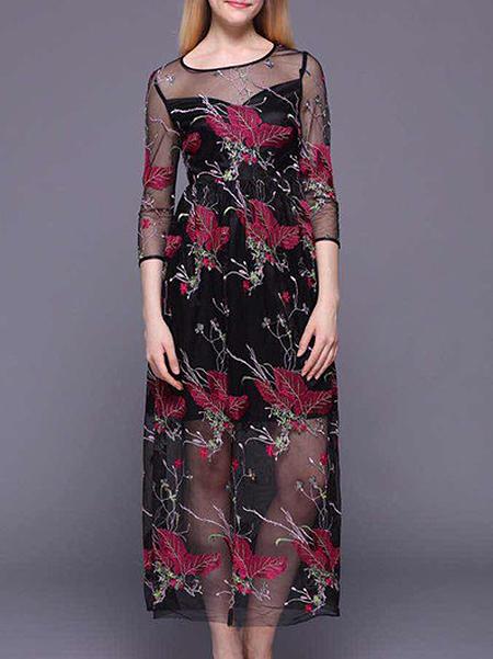Shein Black Sheer Gauze Embroidered Maxi Dress