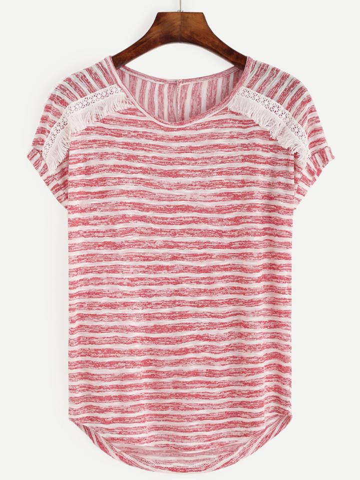 Shein Contrast Fringe Striped T-shirt