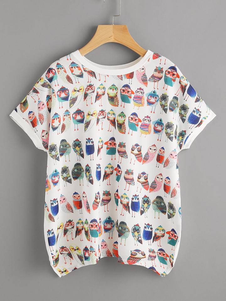Shein Cartoon Owl Print Cuffed T-shirt