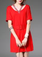 Shein Red Halter Beading Elastic-waist Belted Dress