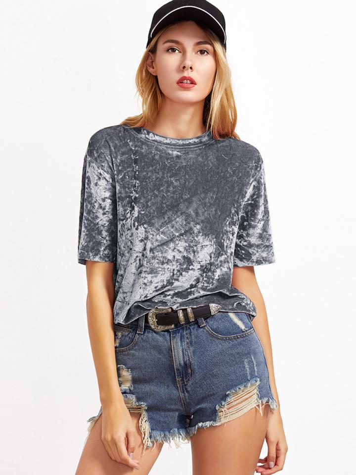 Shein Grey Short Sleeve Crushed Velvet T-shirt