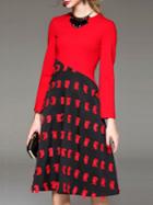 Shein Red Color Block Applique Pouf A-line Dress