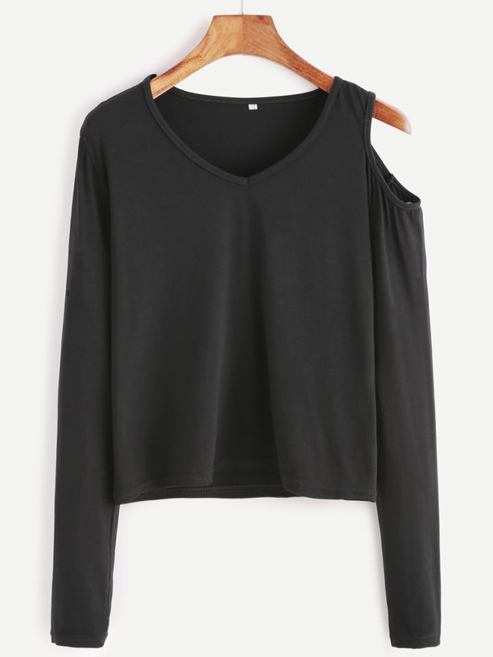 Shein Black Asymmetric Open Shoulder T-shirt