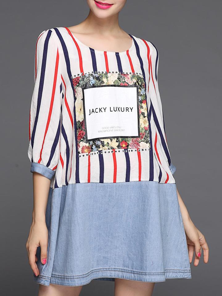Shein Multicolor Crew Neck Beading Striped Print Dress