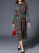 Shein Dark Green Tie Neck Floral Pleated Dress