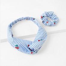 Shein Cherry Print Striped Headband & Hair Tie 2pcs
