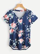 Shein Random Flower Print Curved Hem Tee