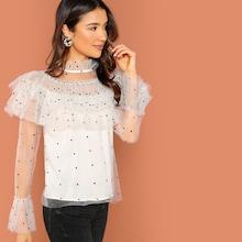 Shein Frill Neck Tiered Sheer Mesh Layered Blouse