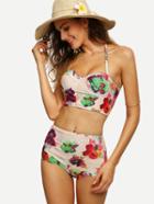 Shein Multicolor Flower Print Bustier Bikini Set