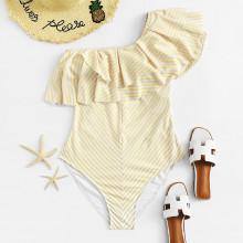 Shein Plus One Shoulder Striped Flounce Swimsuit